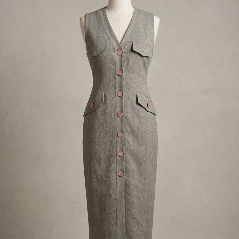 Vedette Sleeveless V-Neck Midi Dress in Gray with Button Front Pre-owned